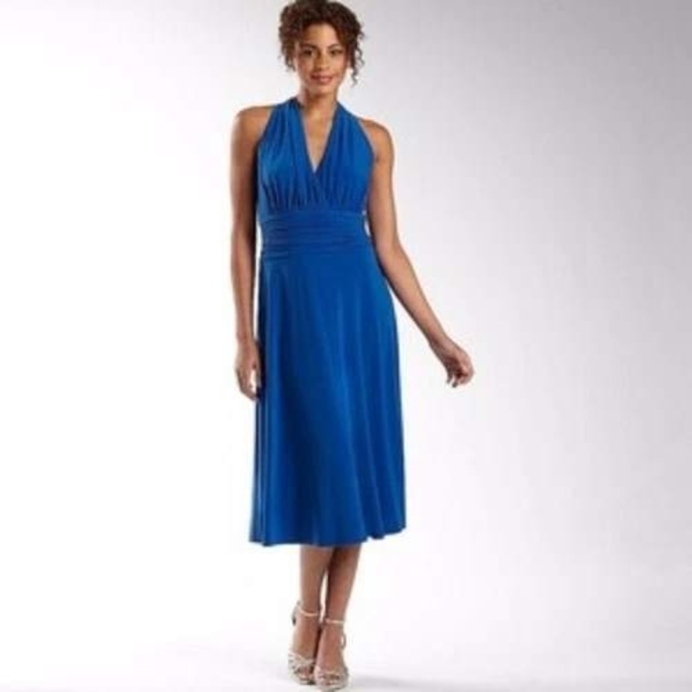 Jones Wear Dress Royal Blue Halter Neck Ruched Waist Midi‎ dress Size 8